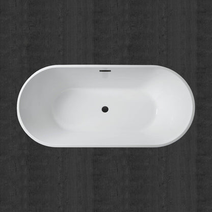 WoodBridge B0014 59" White Acrylic Freestanding Soaking Bathtub With Matte Black Drain, Overflow, F0025MBSQ Tub Filler and Caddy Tray