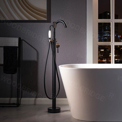 WoodBridge B0014 59" White Acrylic Freestanding Soaking Bathtub With Matte Black Drain, Overflow, F0025MBVT Tub Filler and Caddy Tray