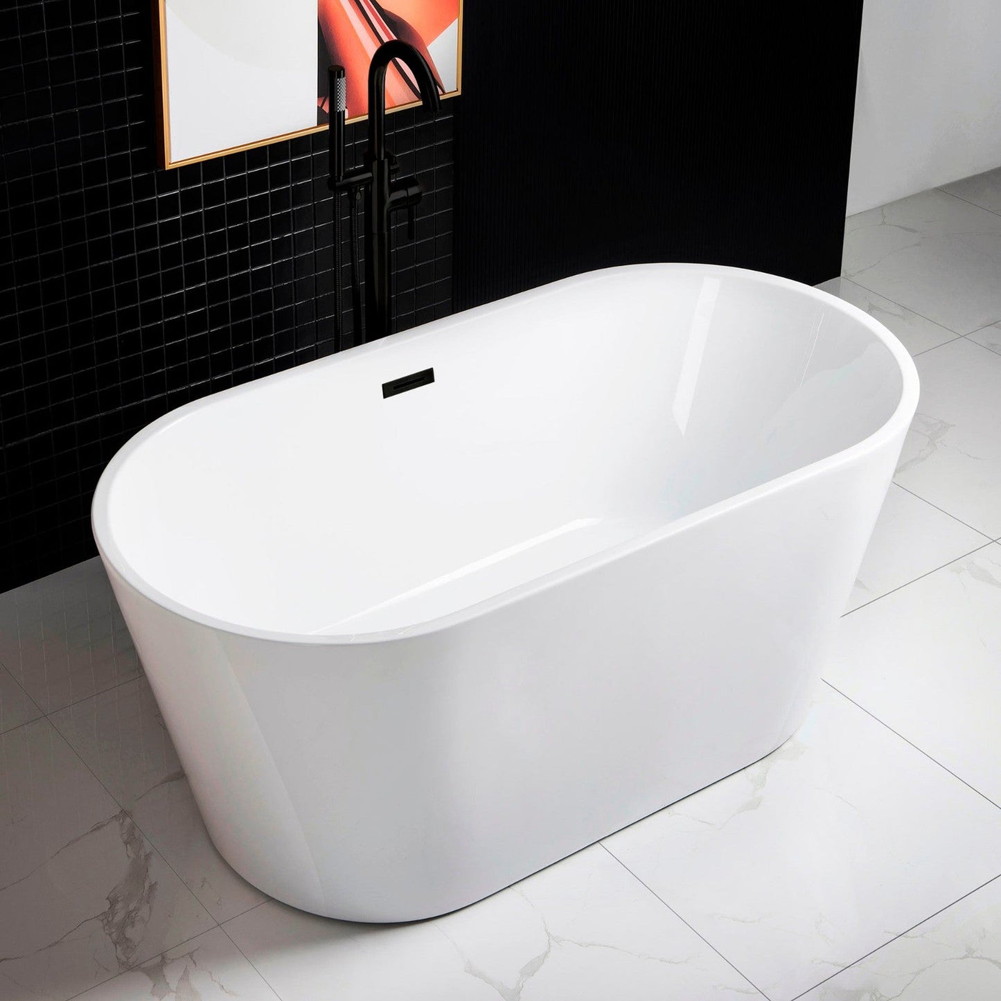 WoodBridge B0014 59" White Acrylic Freestanding Soaking Bathtub With Matte Black Drain, Overflow, F0072MBDR Tub Filler and Caddy Tray