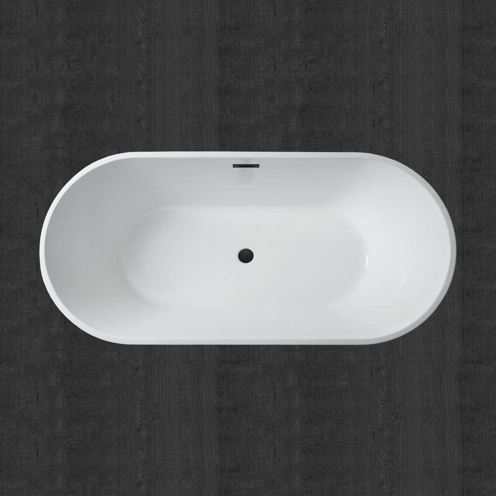 WoodBridge B0014 59" White Acrylic Freestanding Soaking Bathtub With Matte Black Drain, Overflow, F0072MBSQ Tub Filler and Caddy Tray