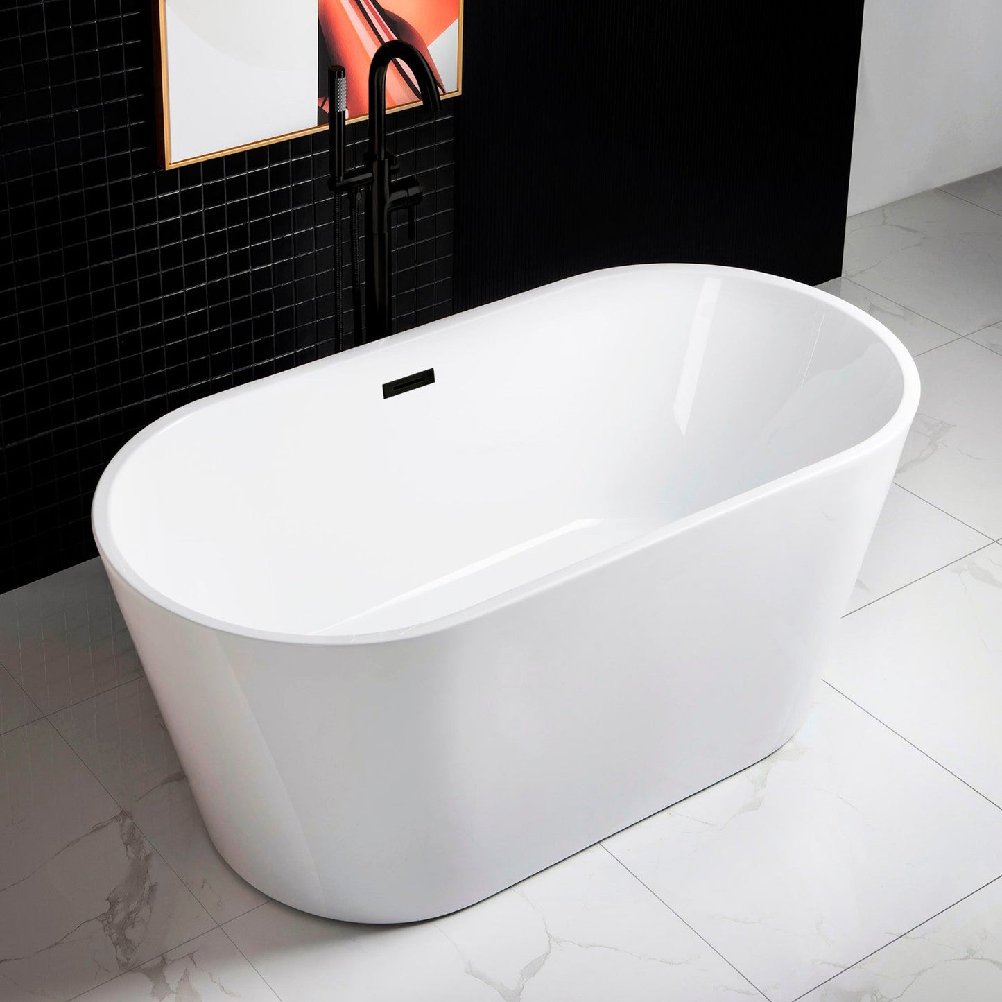 WoodBridge B0014 59" White Acrylic Freestanding Soaking Bathtub With Matte Black Drain and Overflow