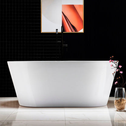 WoodBridge B0014 59" White Acrylic Freestanding Soaking Bathtub With Matte Black Drain and Overflow