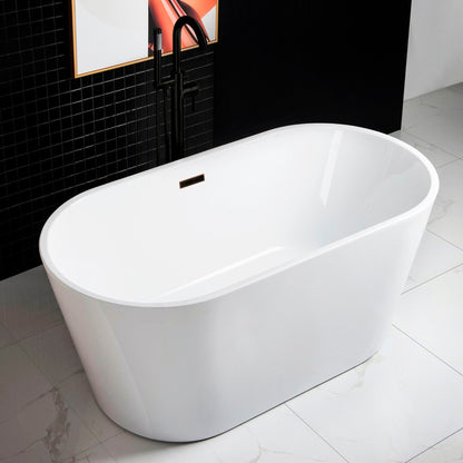 WoodBridge B0014 59" White Acrylic Freestanding Soaking Bathtub With Oil Rubbed Bronze Drain and Overflow