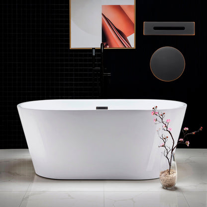 WoodBridge B0014 59" White Acrylic Freestanding Soaking Bathtub With Oil Rubbed Bronze Drain and Overflow