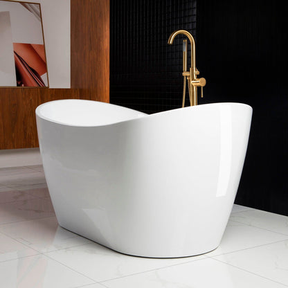 WoodBridge B0016 59" White Acrylic Freestanding Soaking Bathtub With Brushed Gold Drain, Overflow, F0073BGVT Tub Filler and Caddy Tray