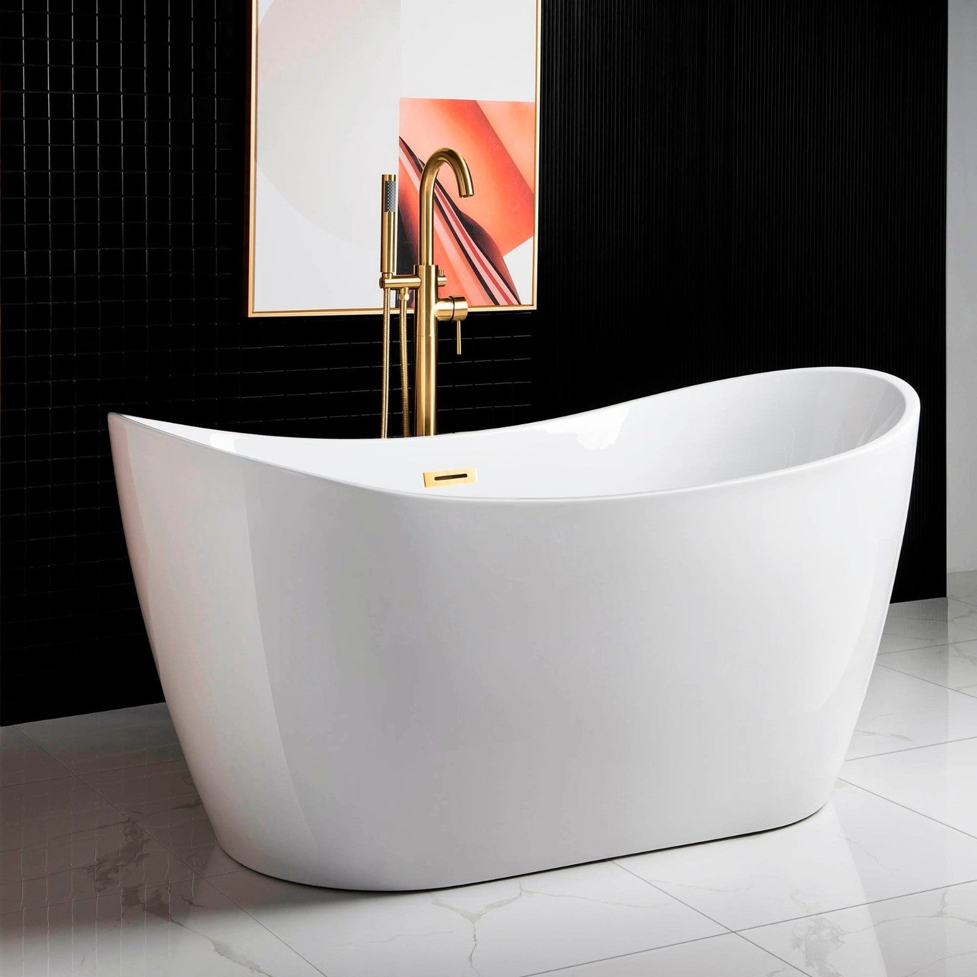 WoodBridge B0016 59" White Acrylic Freestanding Soaking Bathtub With Brushed Gold Drain, Overflow, F0073BGVT Tub Filler and Caddy Tray