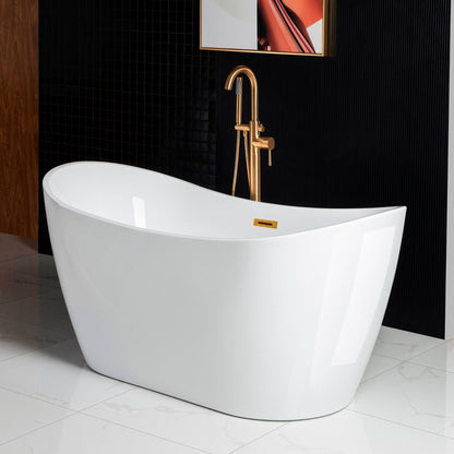 WoodBridge B0016 59" White Acrylic Freestanding Soaking Bathtub With Brushed Gold Drain, Overflow, F0073BGVT Tub Filler and Caddy Tray