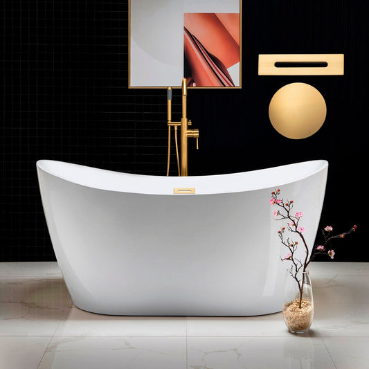 WoodBridge B0016 59" White Acrylic Freestanding Soaking Bathtub With Brushed Gold Drain, Overflow, F0073BGVT Tub Filler and Caddy Tray