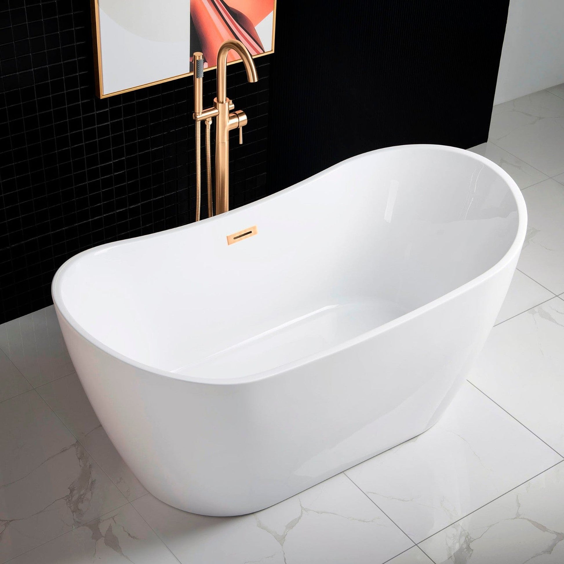WoodBridge B0016 59" White Acrylic Freestanding Soaking Bathtub With Brushed Gold Drain, Overflow, F0073BGVT Tub Filler and Caddy Tray