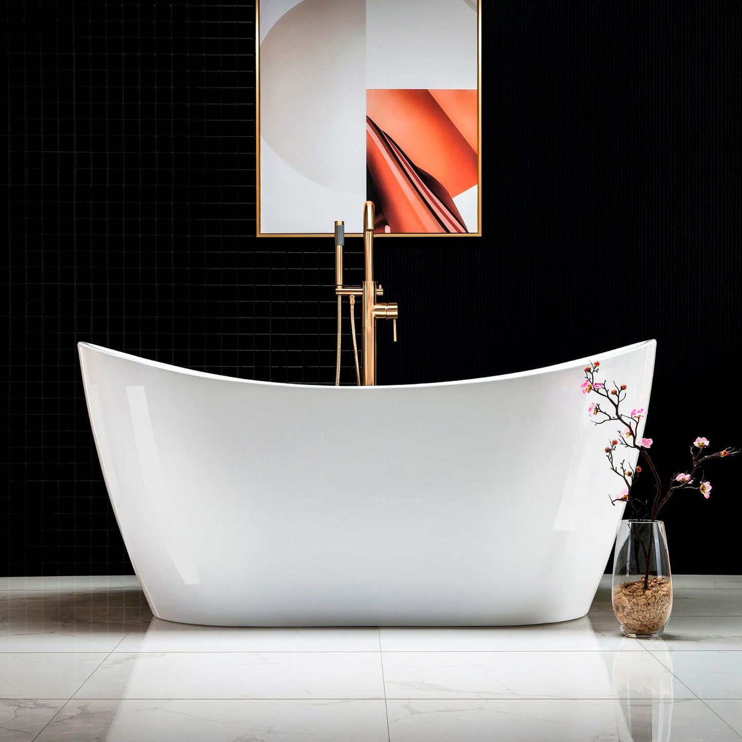 WoodBridge B0016 59" White Acrylic Freestanding Soaking Bathtub With Brushed Gold Drain and Overflow