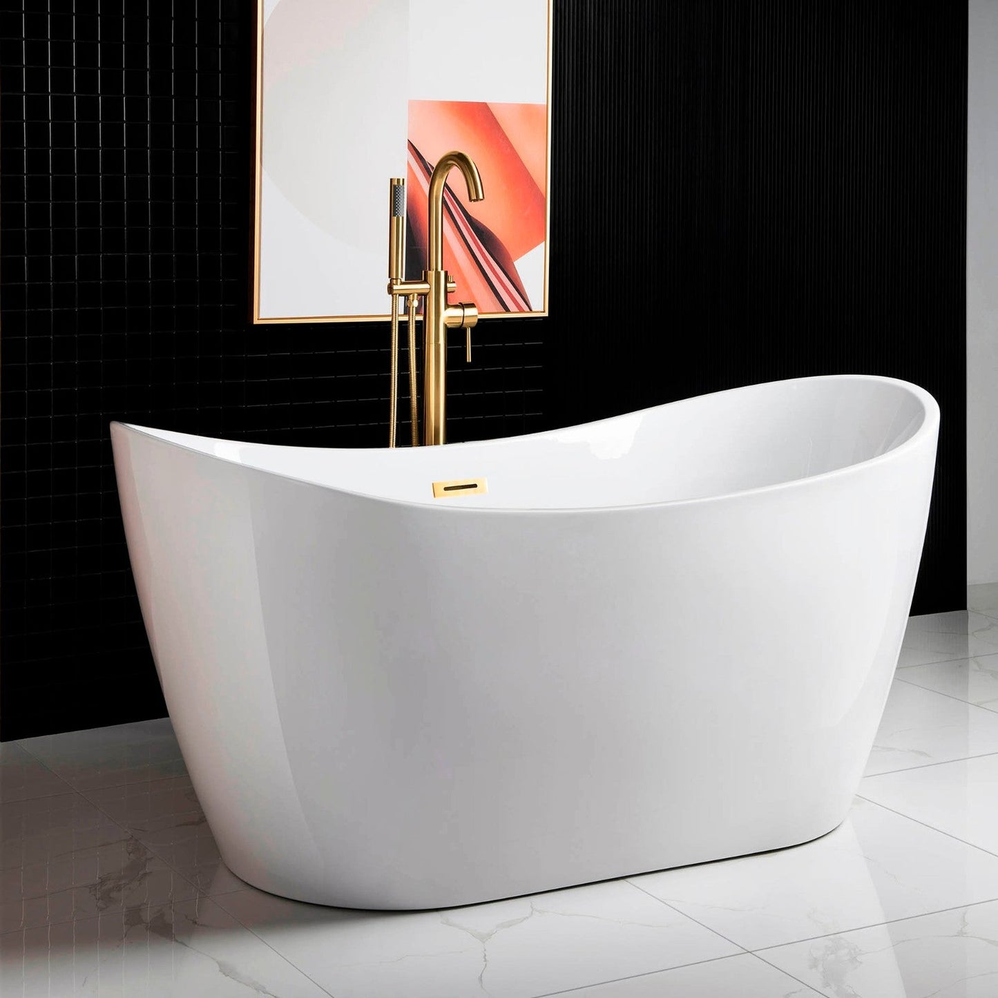 WoodBridge B0016 59" White Acrylic Freestanding Soaking Bathtub With Brushed Gold Drain and Overflow