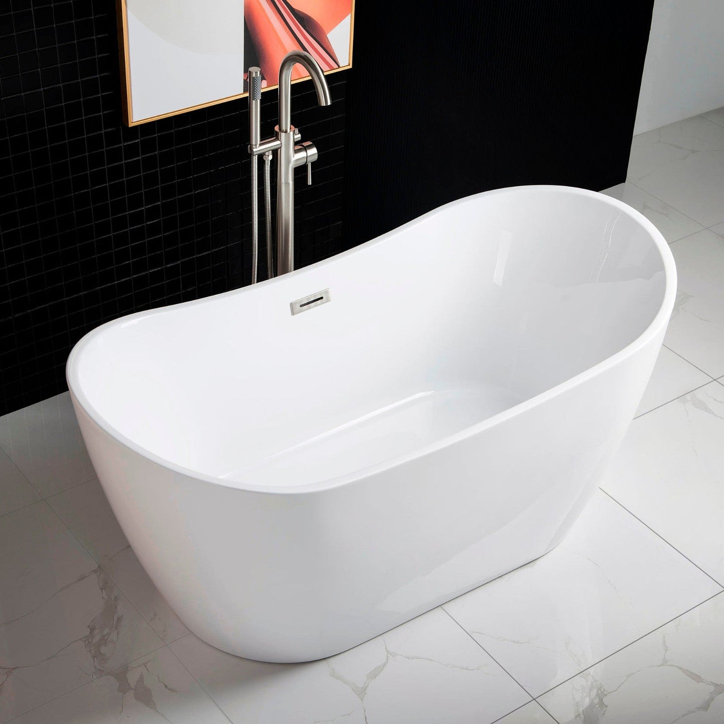 WoodBridge B0016 59" White Acrylic Freestanding Soaking Bathtub With Brushed Nickel Drain, Overflow, F0070BNVT Tub Filler and Caddy Tray