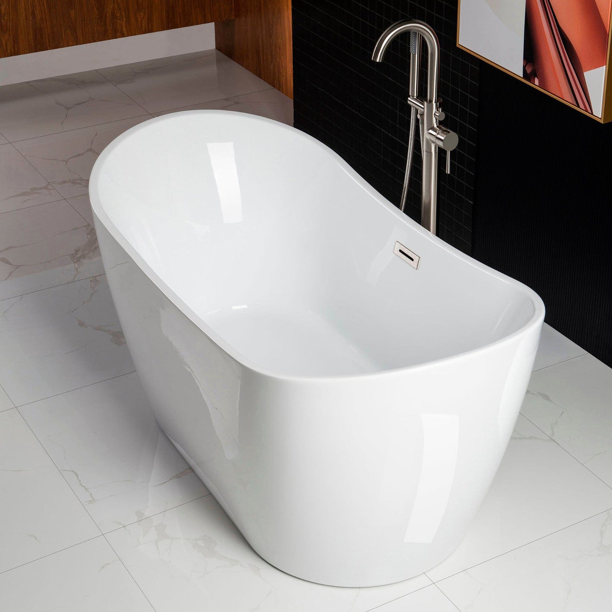 WoodBridge B0016 59" White Acrylic Freestanding Soaking Bathtub With Brushed Nickel Drain, Overflow, F0070BNVT Tub Filler and Caddy Tray