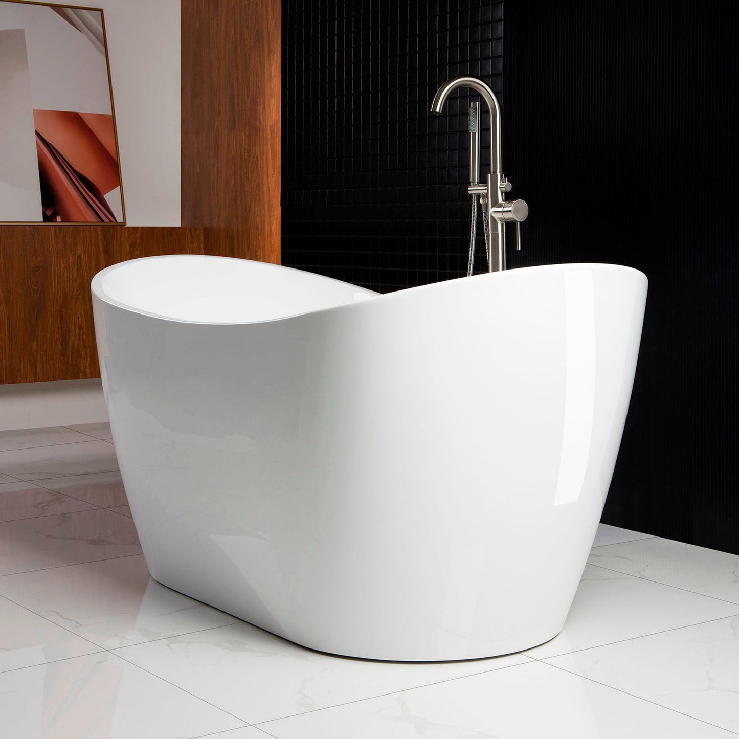 WoodBridge B0016 59" White Acrylic Freestanding Soaking Bathtub With Brushed Nickel Drain and Overflow