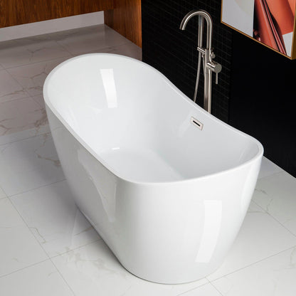 WoodBridge B0016 59" White Acrylic Freestanding Soaking Bathtub With Chrome Drain and Overflow