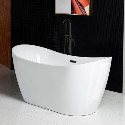 WoodBridge B0016 59" White Acrylic Freestanding Soaking Bathtub With Matte Black Drain, Overflow, F0072MBVT Tub Filler and Caddy Tray