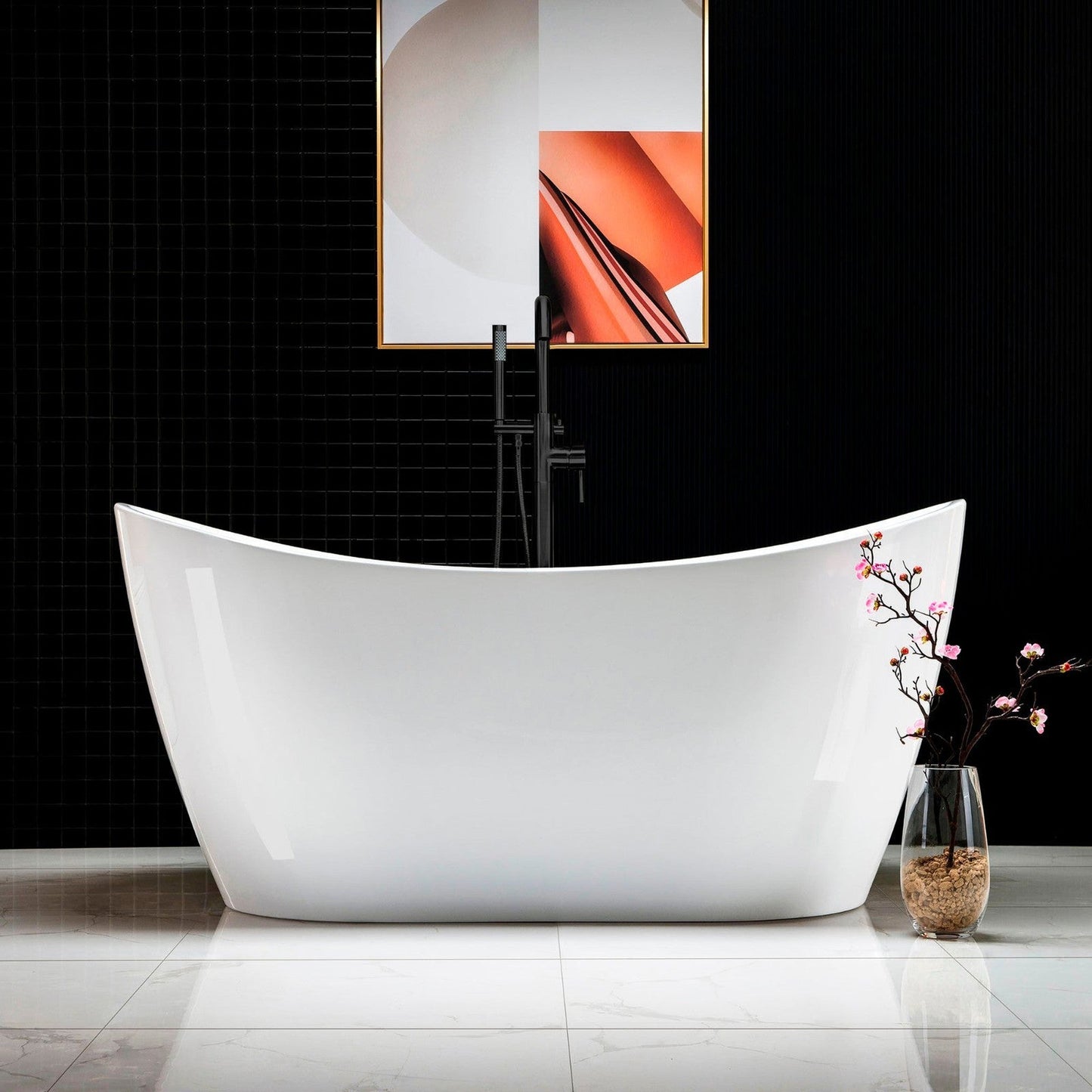 WoodBridge B0016 59" White Acrylic Freestanding Soaking Bathtub With Matte Black Drain, Overflow, F0072MBVT Tub Filler and Caddy Tray