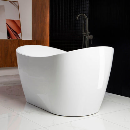 WoodBridge B0016 59" White Acrylic Freestanding Soaking Bathtub With Matte Black Drain, Overflow, F0072MBVT Tub Filler and Caddy Tray