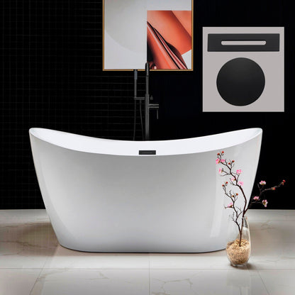 WoodBridge B0016 59" White Acrylic Freestanding Soaking Bathtub With Matte Black Drain, Overflow, F0072MBVT Tub Filler and Caddy Tray