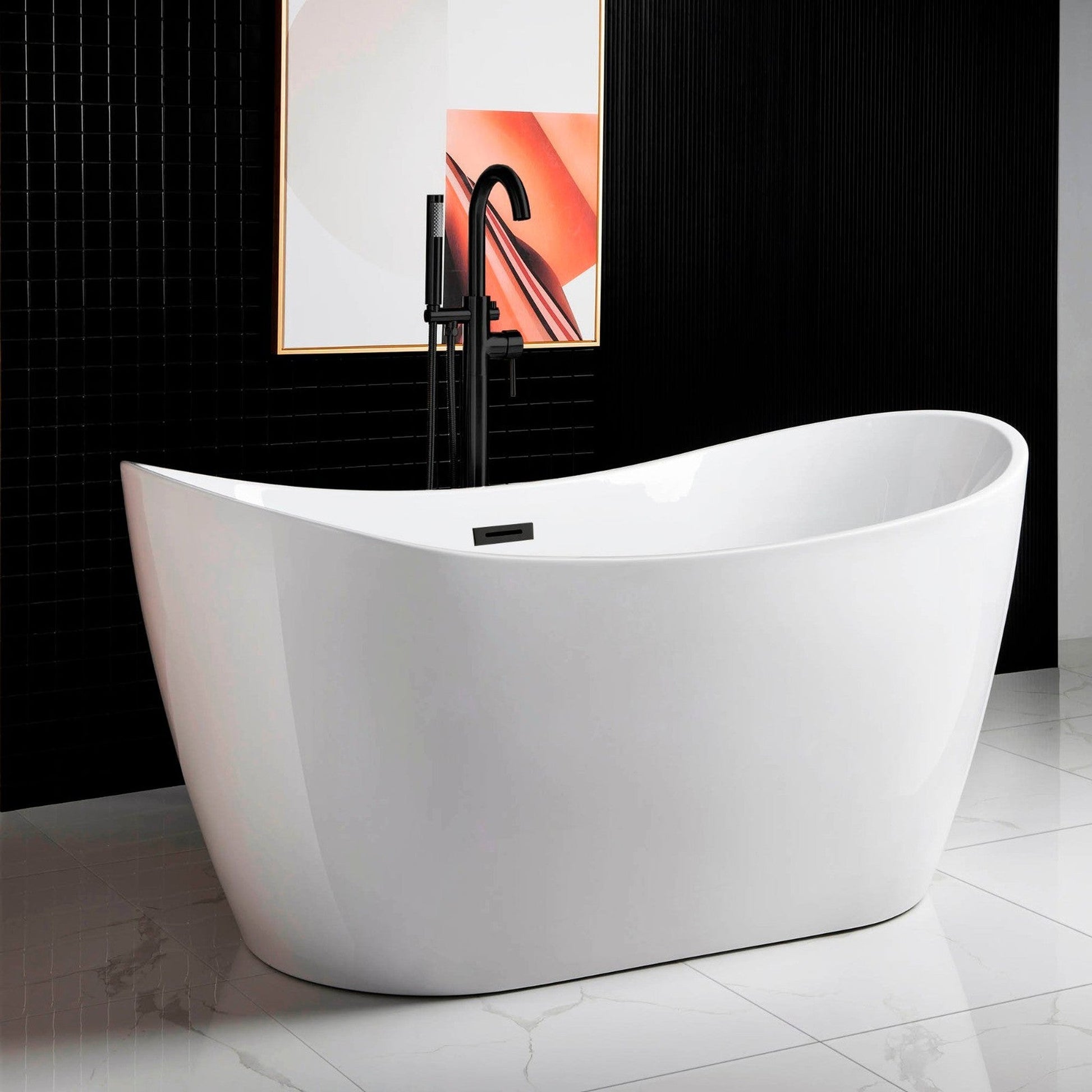 WoodBridge B0016 59" White Acrylic Freestanding Soaking Bathtub With Matte Black Drain, Overflow, F0072MBVT Tub Filler and Caddy Tray