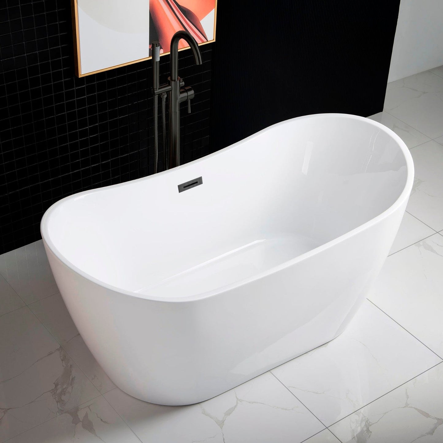 WoodBridge B0016 59" White Acrylic Freestanding Soaking Bathtub With Matte Black Drain and Overflow