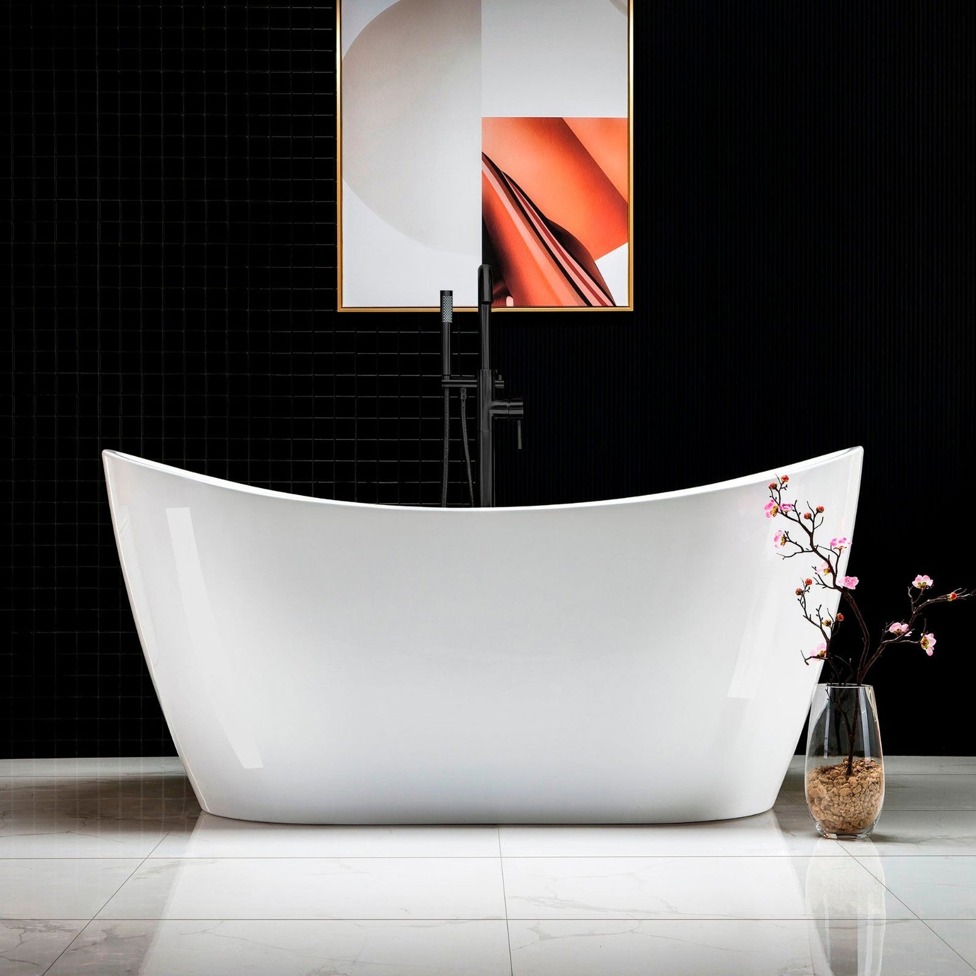 WoodBridge B0016 59" White Acrylic Freestanding Soaking Bathtub With Matte Black Drain and Overflow