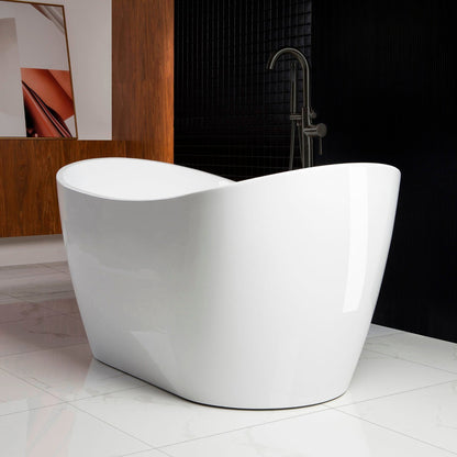 WoodBridge B0016 59" White Acrylic Freestanding Soaking Bathtub With Matte Black Drain and Overflow