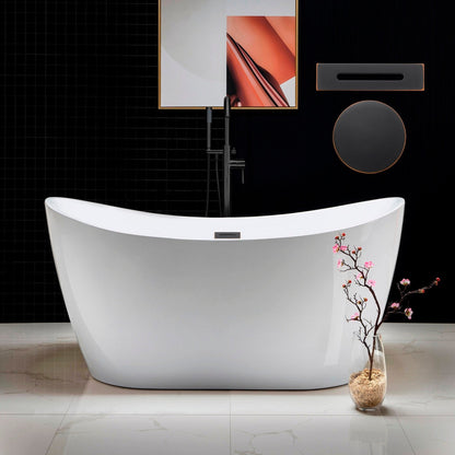 WoodBridge B0016 59" White Acrylic Freestanding Soaking Bathtub With Oil Rubbed Bronze Drain and Overflow