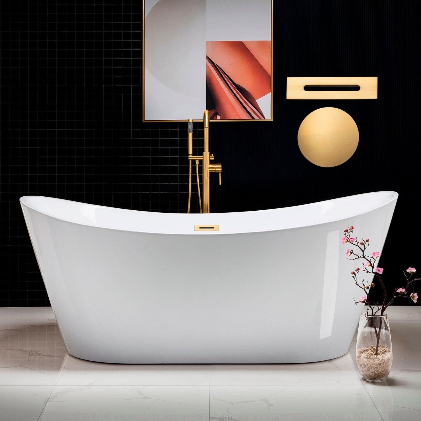 WoodBridge B0017 71" White Acrylic Freestanding Soaking Bathtub With Brushed Gold Drain, Overflow, F0073BGVT Tub Filler and Caddy Tray