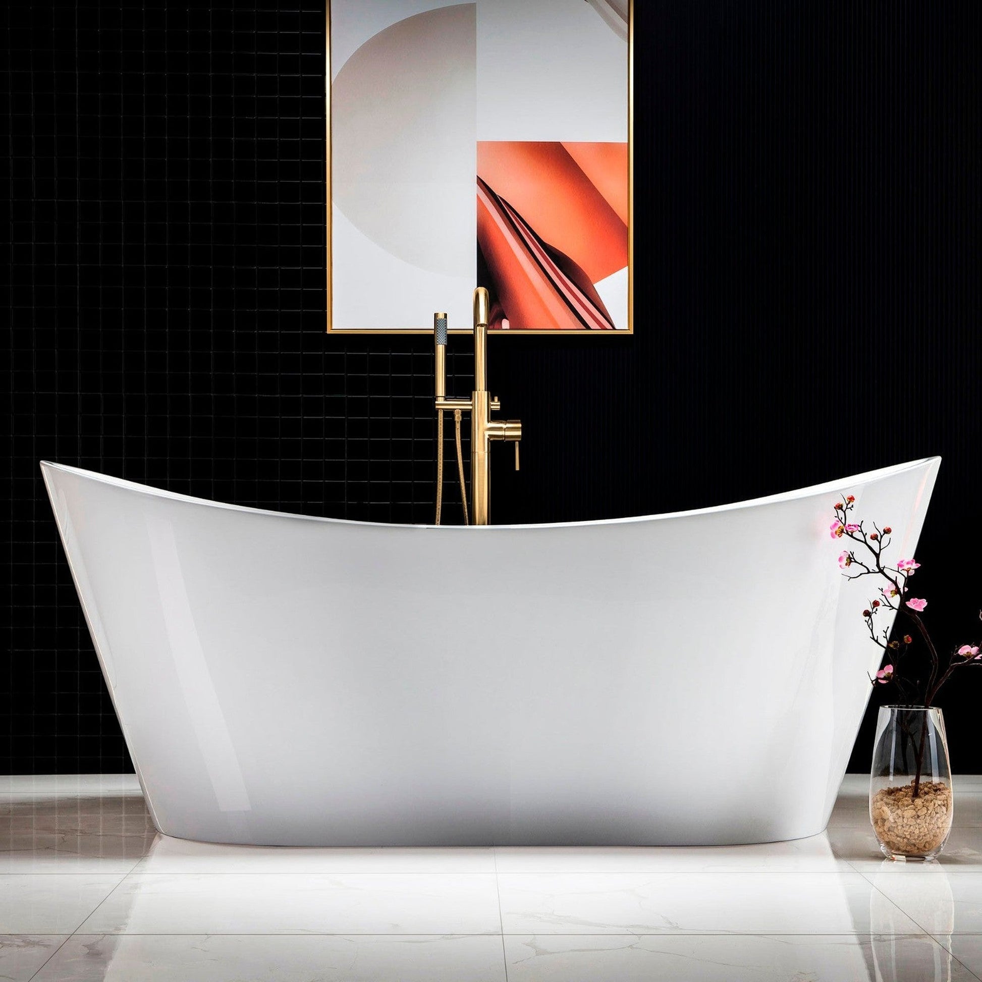 WoodBridge B0017 71" White Acrylic Freestanding Soaking Bathtub With Brushed Gold Drain, Overflow, F0073BGVT Tub Filler and Caddy Tray