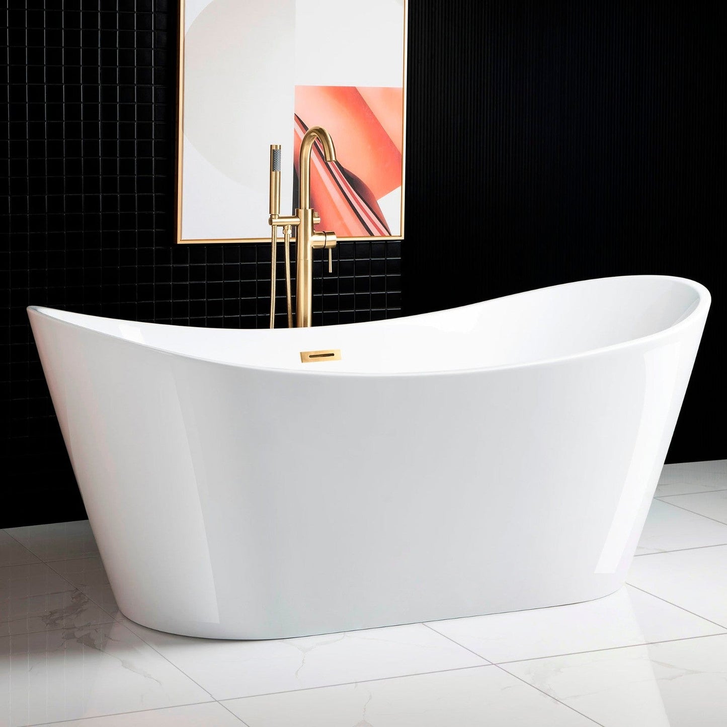 WoodBridge B0017 71" White Acrylic Freestanding Soaking Bathtub With Brushed Gold Drain, Overflow, F0073BGVT Tub Filler and Caddy Tray