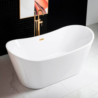 WoodBridge B0017 71" White Acrylic Freestanding Soaking Bathtub With Brushed Gold Drain and Overflow