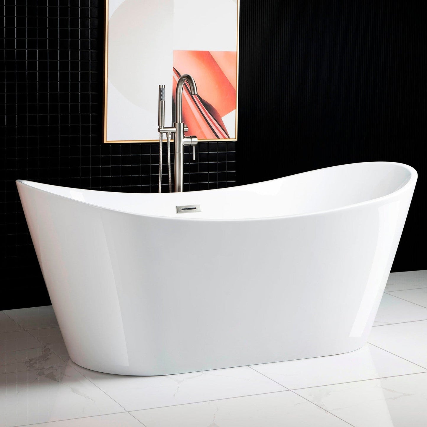 WoodBridge B0017 71" White Acrylic Freestanding Soaking Bathtub With Brushed Nickel Drain, Overflow, F0070BNVT Tub Filler and Caddy Tray