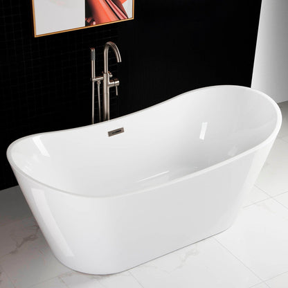 WoodBridge B0017 71" White Acrylic Freestanding Soaking Bathtub With Brushed Nickel Drain, Overflow, F0070BNVT Tub Filler and Caddy Tray