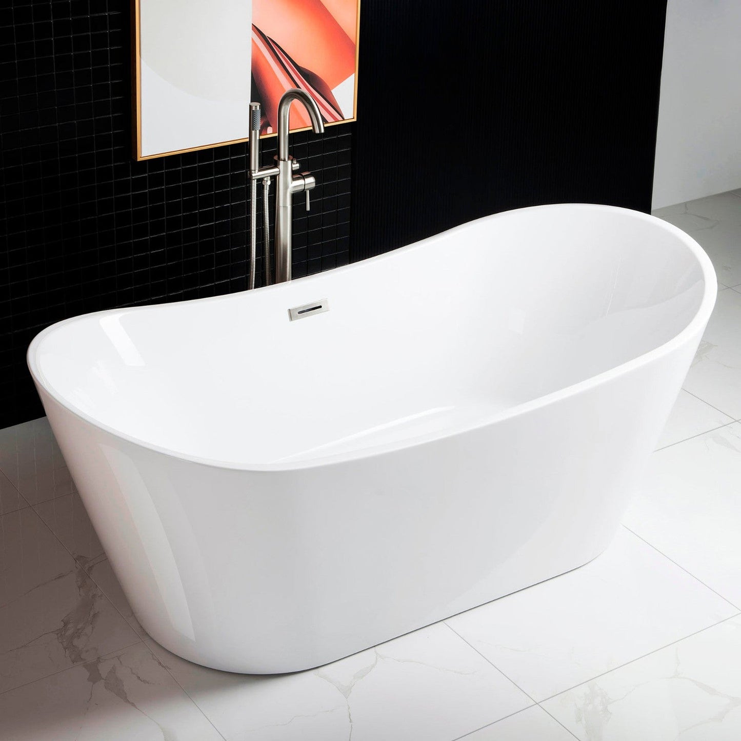 WoodBridge B0017 71" White Acrylic Freestanding Soaking Bathtub With Brushed Nickel Drain, Overflow, F0070BNVT Tub Filler and Caddy Tray