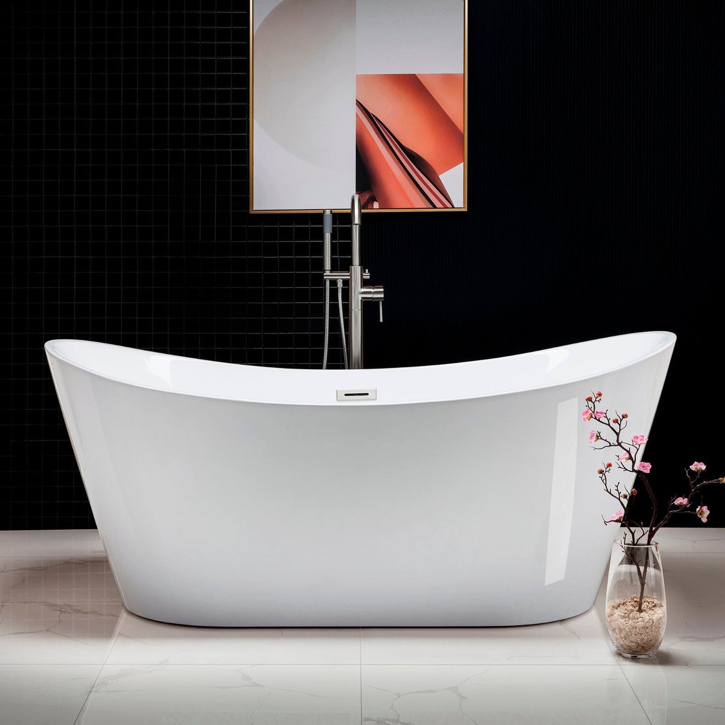 WoodBridge B0017 71" White Acrylic Freestanding Soaking Bathtub With Brushed Nickel Drain and Overflow