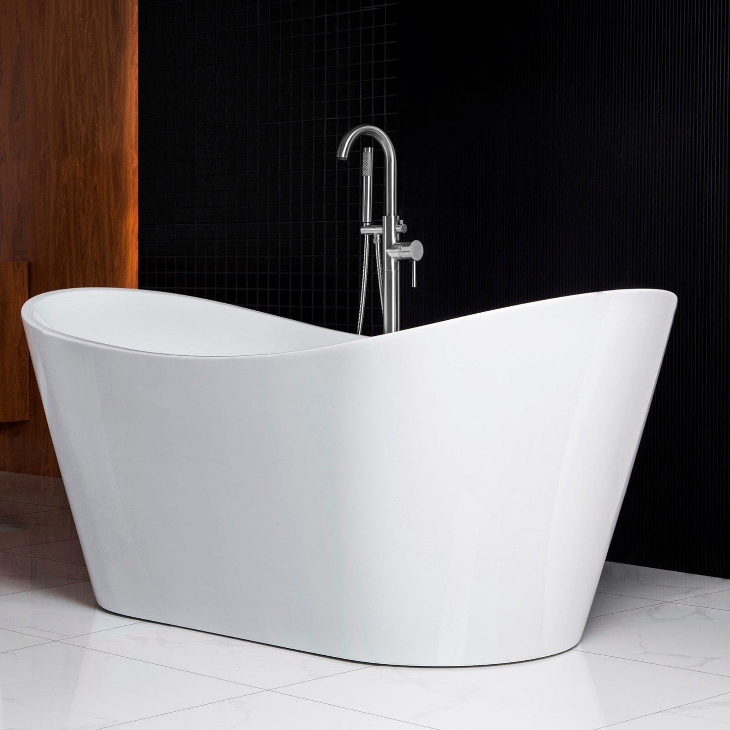 WoodBridge B0017 71" White Acrylic Freestanding Soaking Bathtub With Chrome Drain, Overflow, F0071CHVT Tub Filler and Caddy Tray
