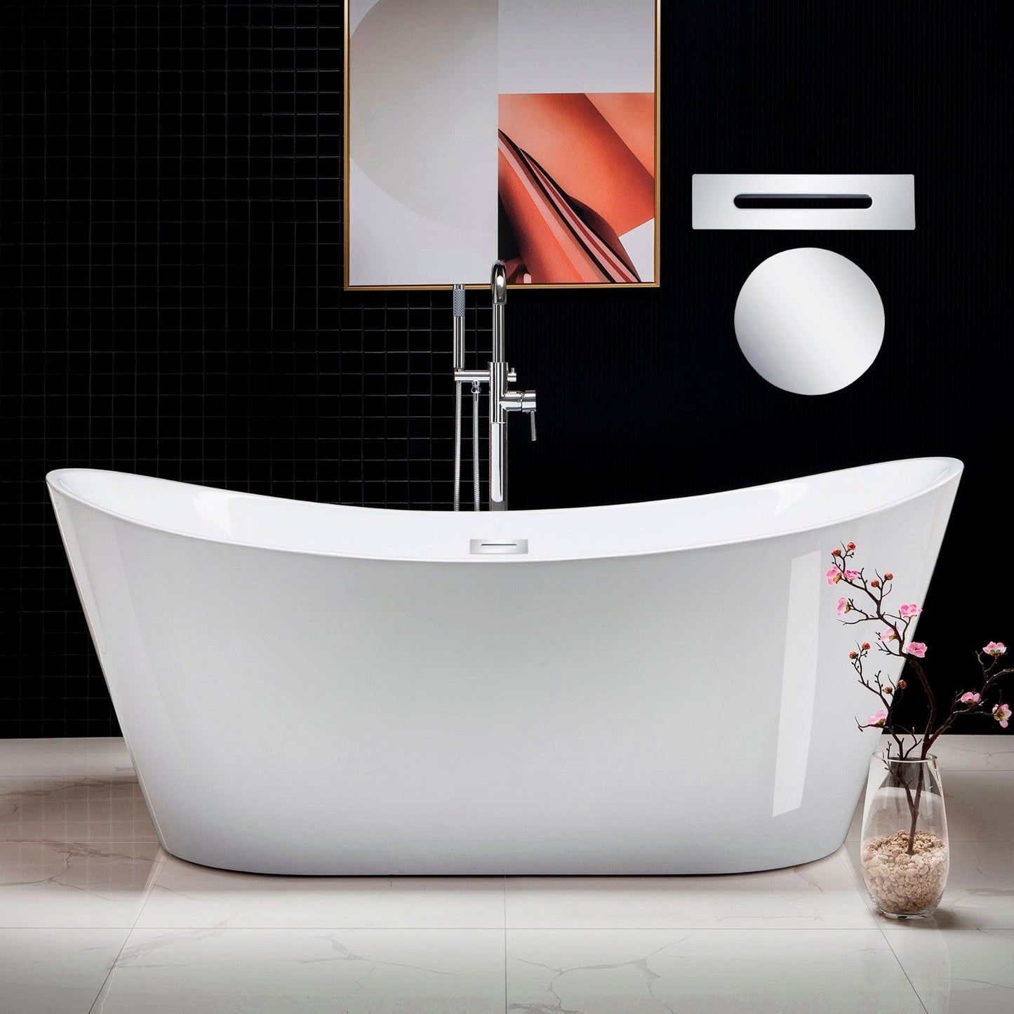 WoodBridge B0017 71" White Acrylic Freestanding Soaking Bathtub With Chrome Drain, Overflow, F0071CHVT Tub Filler and Caddy Tray