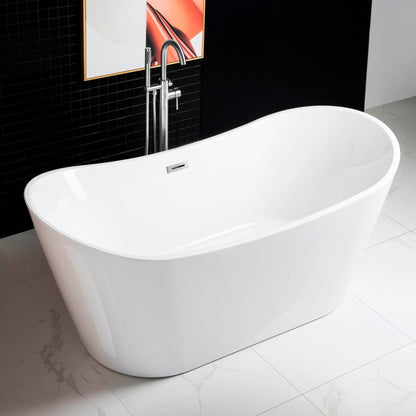 WoodBridge B0017 71" White Acrylic Freestanding Soaking Bathtub With Chrome Drain, Overflow, F0071CHVT Tub Filler and Caddy Tray