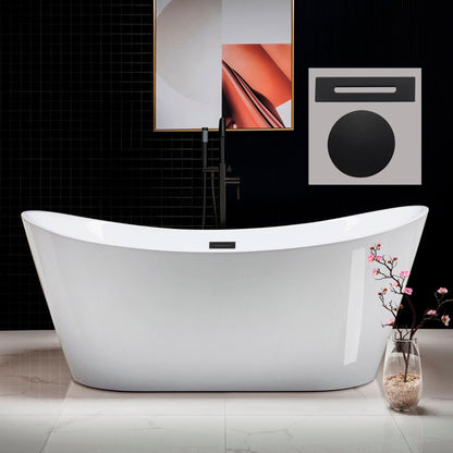 WoodBridge B0017 71" White Acrylic Freestanding Soaking Bathtub With Matte Black Drain, Overflow, F0072MBVT Tub Filler and Caddy Tray