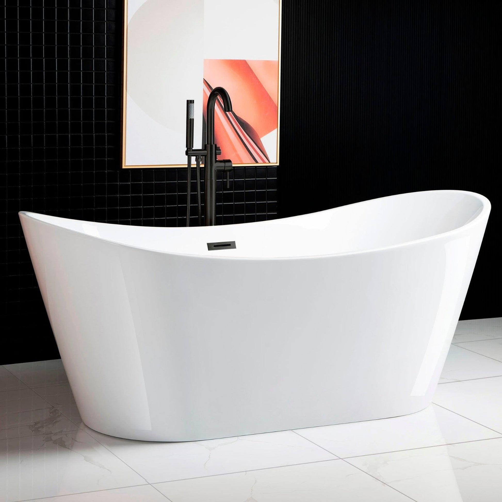 WoodBridge B0017 71" White Acrylic Freestanding Soaking Bathtub With Matte Black Drain and Overflow