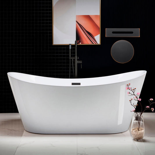 WoodBridge B0017 71" White Acrylic Freestanding Soaking Bathtub With Oil Rubbed Bronze Drain and Overflow