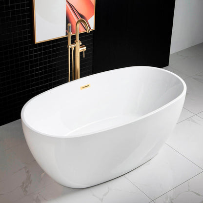 WoodBridge B0018 59" White Acrylic Freestanding Soaking Bathtub With Brushed Gold Drain, Overflow, F0073BGVT Tub Filler and Caddy Tray