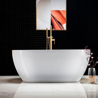 WoodBridge B0018 59" White Acrylic Freestanding Soaking Bathtub With Brushed Gold Drain, Overflow, F0073BGVT Tub Filler and Caddy Tray