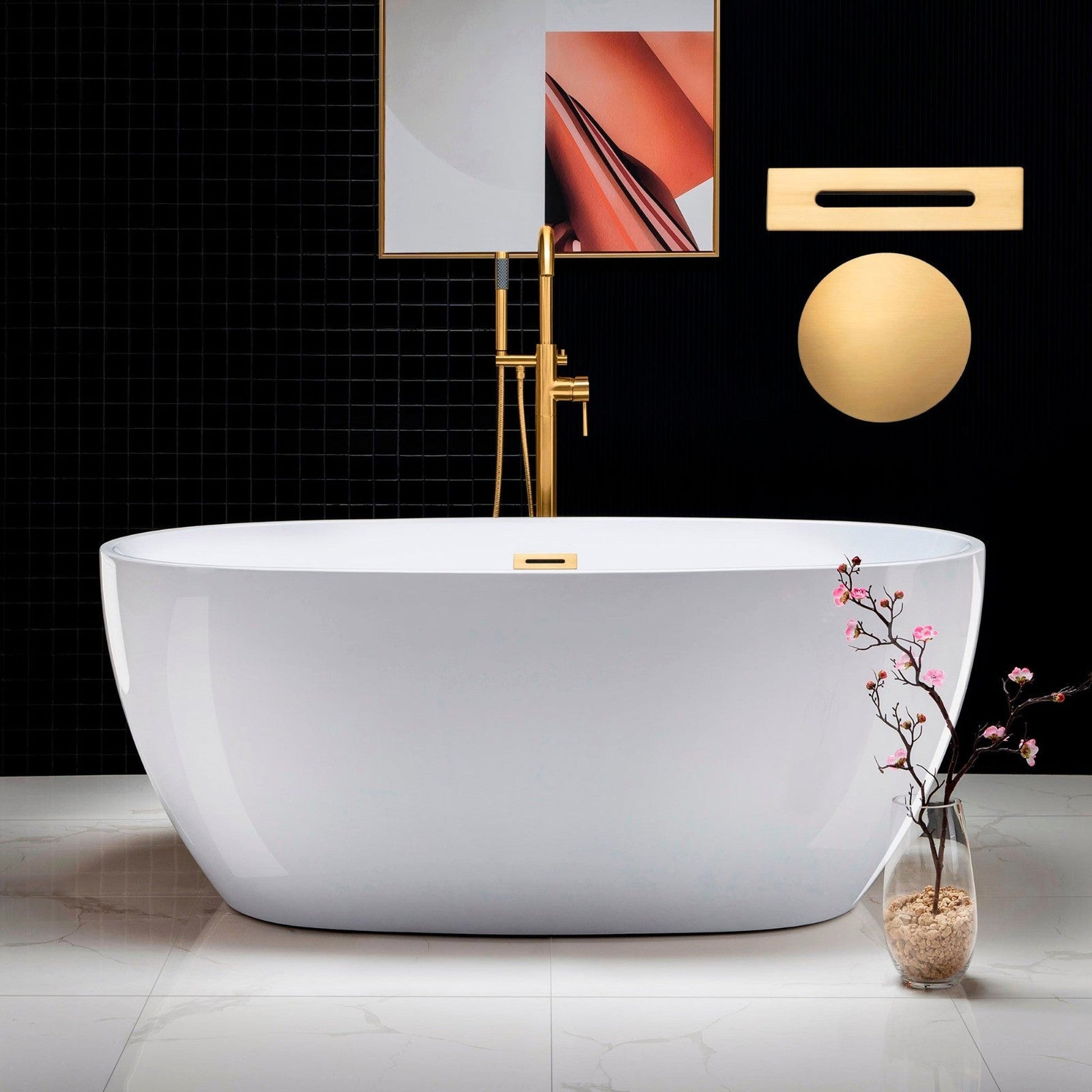 WoodBridge B0018 59" White Acrylic Freestanding Soaking Bathtub With Brushed Gold Drain, Overflow, F0073BGVT Tub Filler and Caddy Tray