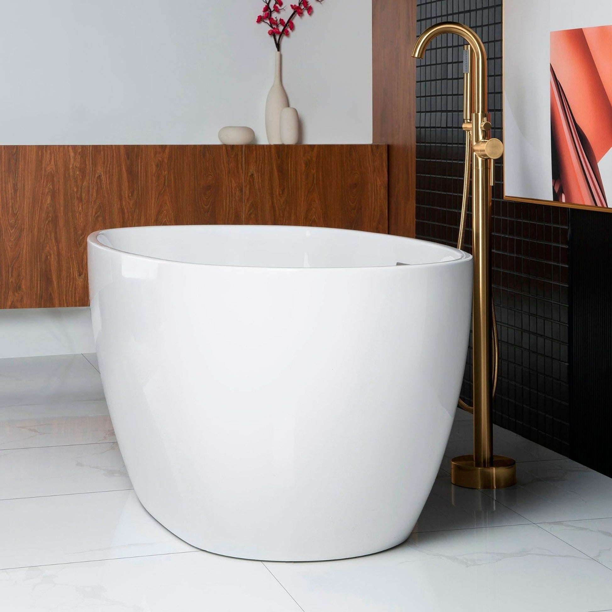 WoodBridge B0018 59" White Acrylic Freestanding Soaking Bathtub With Brushed Gold Drain, Overflow, F0073BGVT Tub Filler and Caddy Tray