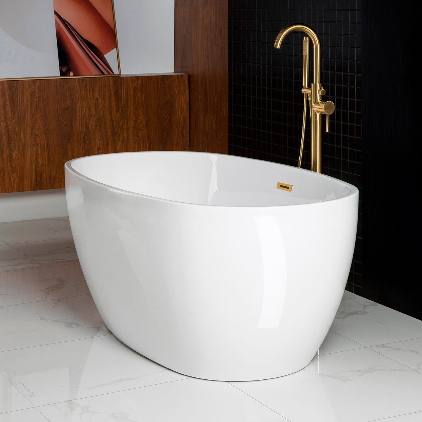 WoodBridge B0018 59" White Acrylic Freestanding Soaking Bathtub With Brushed Gold Drain, Overflow, F0073BGVT Tub Filler and Caddy Tray