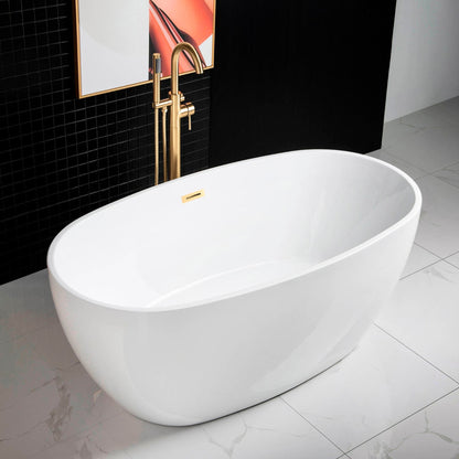 WoodBridge B0018 59" White Acrylic Freestanding Soaking Bathtub With Brushed Gold Drain and Overflow