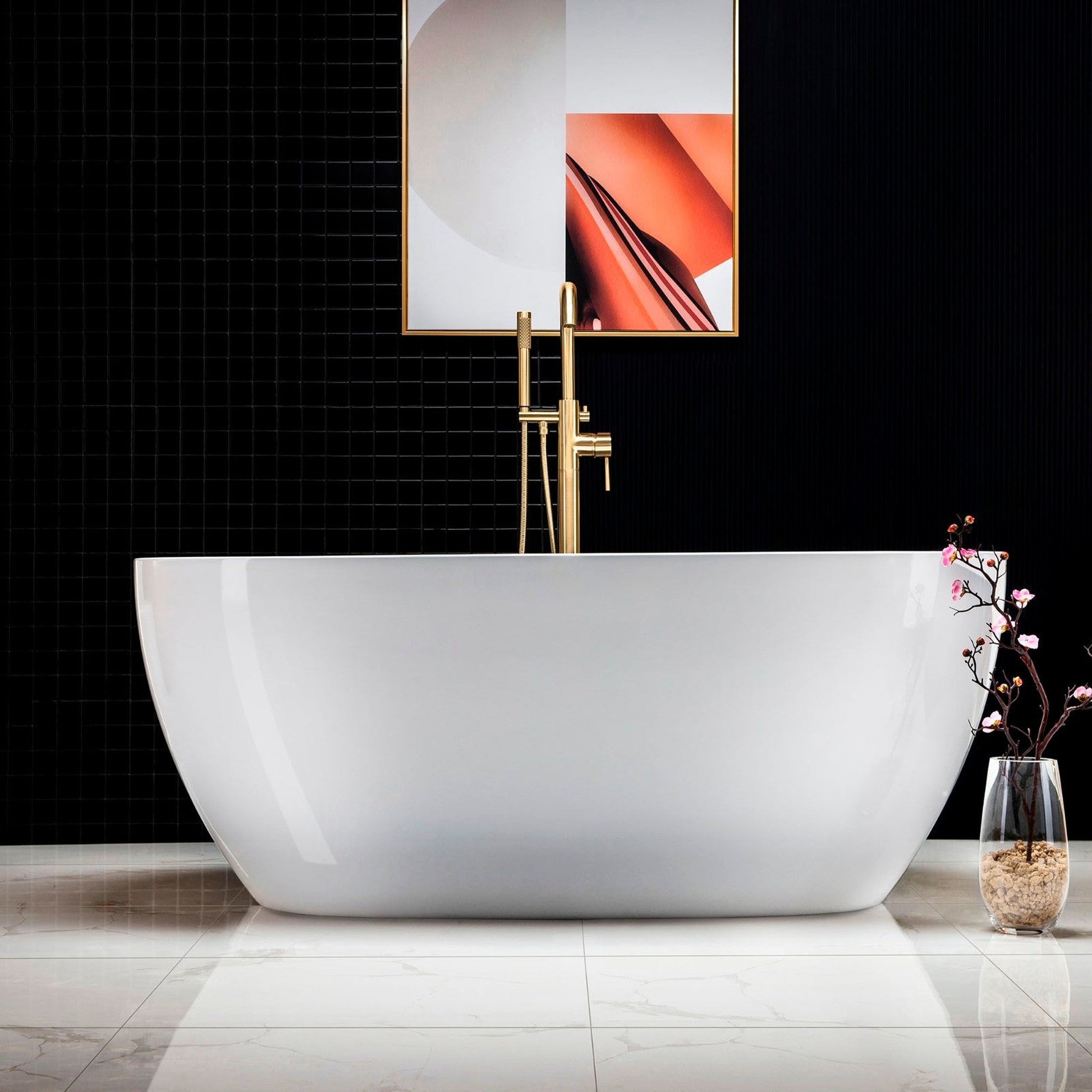 WoodBridge B0018 59" White Acrylic Freestanding Soaking Bathtub With Brushed Gold Drain and Overflow