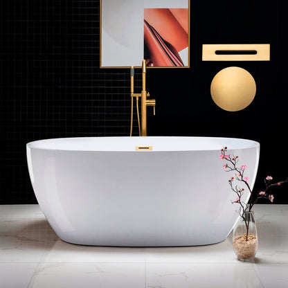 WoodBridge B0018 59" White Acrylic Freestanding Soaking Bathtub With Brushed Gold Drain and Overflow